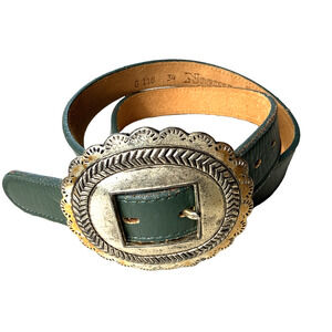 Vintage Nocona Green Leather Belt Women’s Medium Silver Toned Buckle Cowgirl GUC